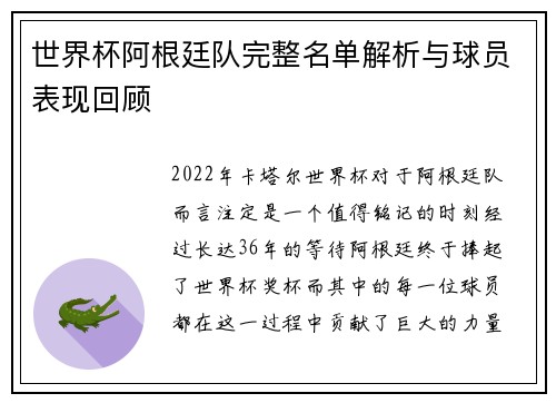 世界杯阿根廷队完整名单解析与球员表现回顾
